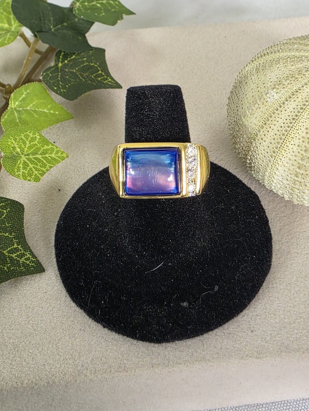 Gold Filled Blue Purple Aurora Borealis Resin Ring Rhinestone Cocktail Size 7